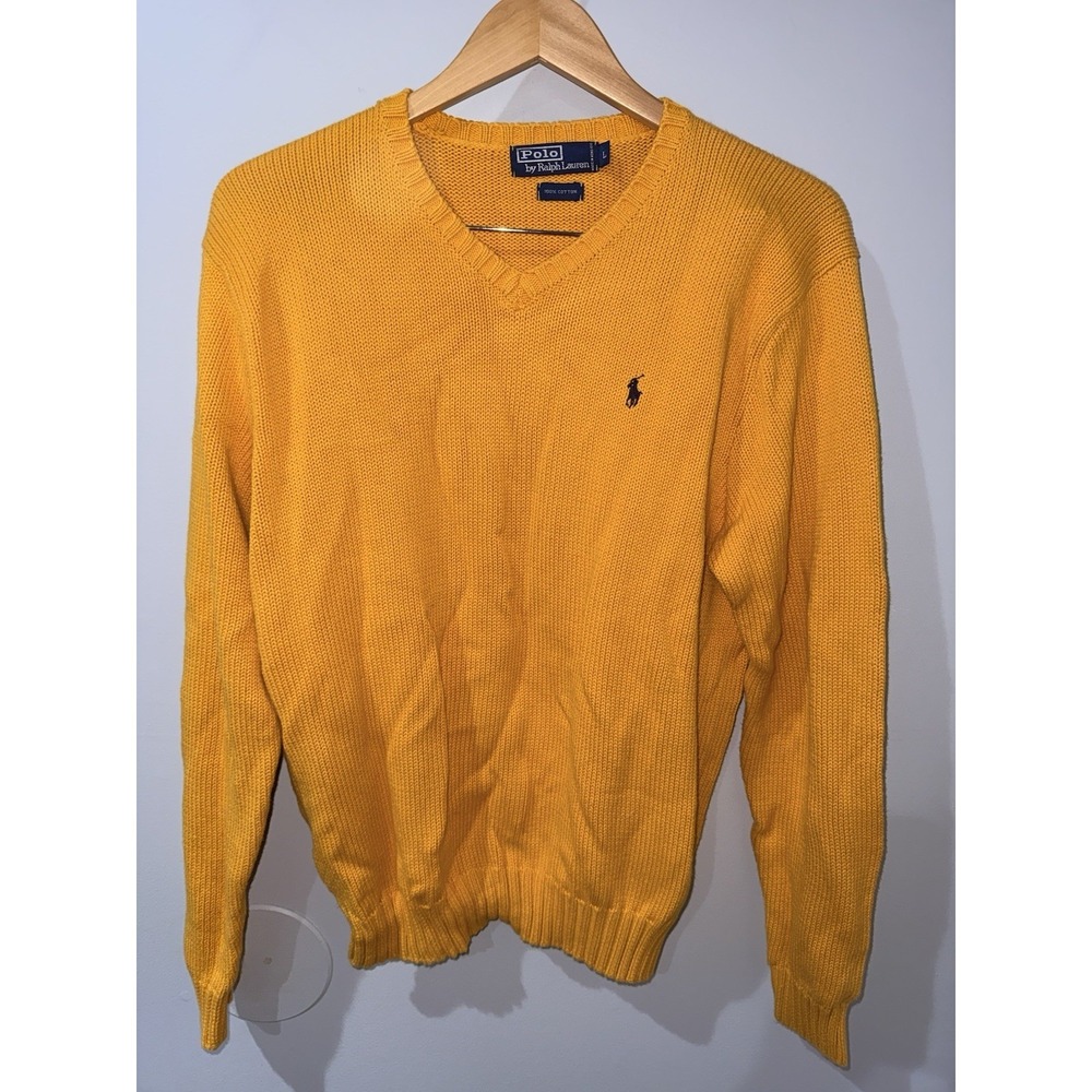 Polo Ralph Lauren Sweater Mens Sz L Yellow Cotton Pullover V-Neck Classic READ